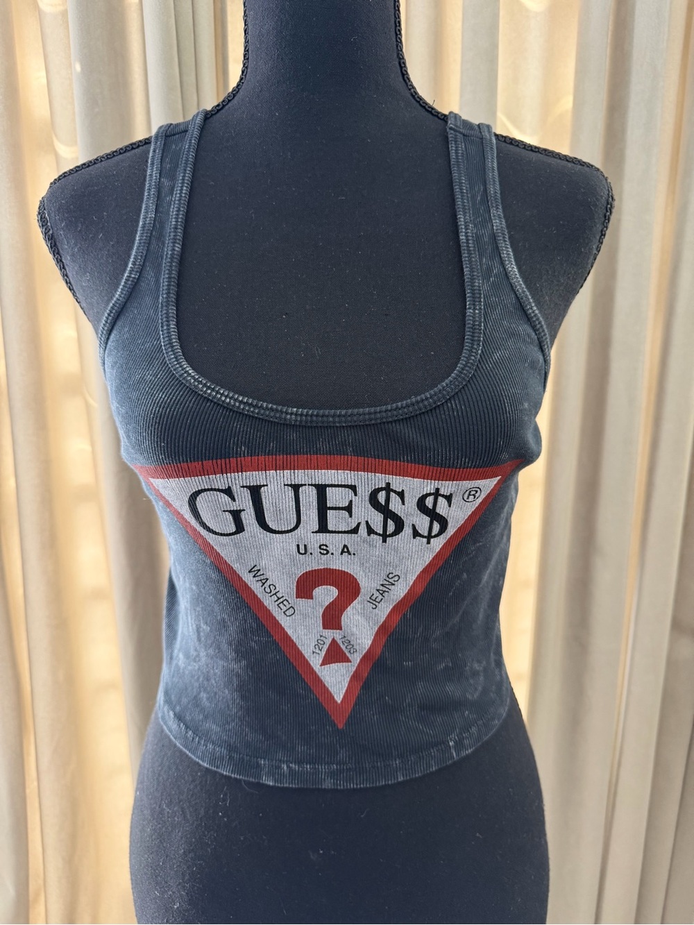 Guess Black Ribbed Logo Tank with Red & White Triangle